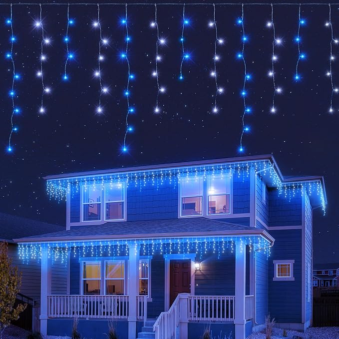 300L LED Icicle Lights, Blue+White Window Curtain Lights,8 Modes with 30V Plug in for Wedding, Party, Bedroom, Home, Garden, Outdoor, Indoor Wall,Christmas Decorations,Connectable(Blue+White)