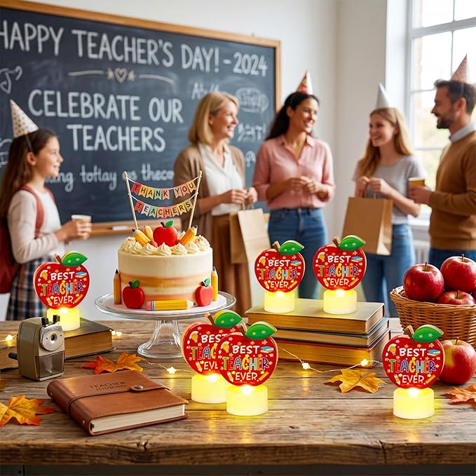 Handepo 15 Pcs Teachers Appreciation Tea Lights Gift Best Teacher Ever Flameless Candle Apple Shaped LED Battery Operated Office Table Decor for Thank You Teachers Women Men Tutor Back to School