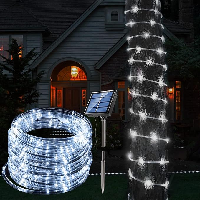 Honche Solar Rope Light 33FT 100LED IP65 Waterproof Outdoor LED Copper Fairy String Tube Lights for Party Gazebo Garden Patio Stair Balcony Fence Tree Daily Christmas Decoration (Solar-Cold White)