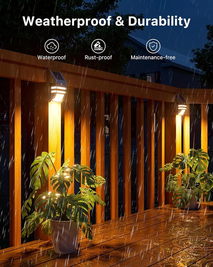4 Pack Solar Stainless Steel Fence Lights Outdoor Waterproof Motion Sensor Wall Sconce for Backyard Post, Deck, Porch, Stair Rail, Dock, Gate, Walkway, Steps, Patio, Garden, Ambiance Warm Lighting