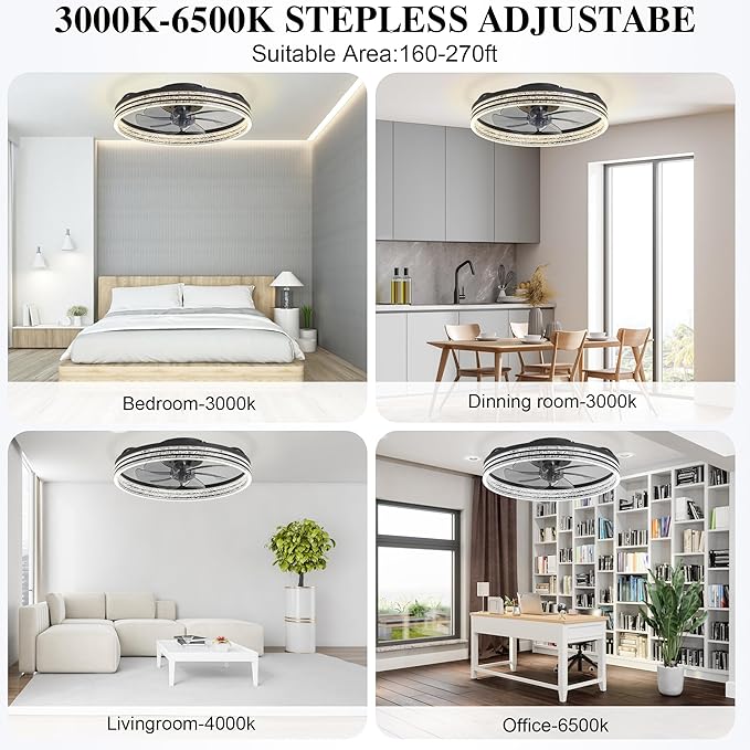 Ceiling Fans with Lights and Remote Fandelier - 20'' Black and White Flush Mount Low Profile Modern Ceiling Fans for Bedroom - Stepless Color Temperature and 6 Speeds
