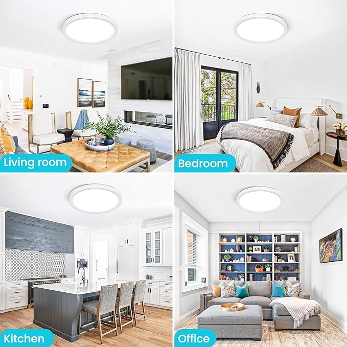 libtit 16Inch Flush Mount LED Ceiling Light Fixture, 3000K 4000K 6500K Adjustable, 36W 3600lm White Satin Round Ceiling Lamp for Bathroom Shower Hallway Kitchen, 2 Pack