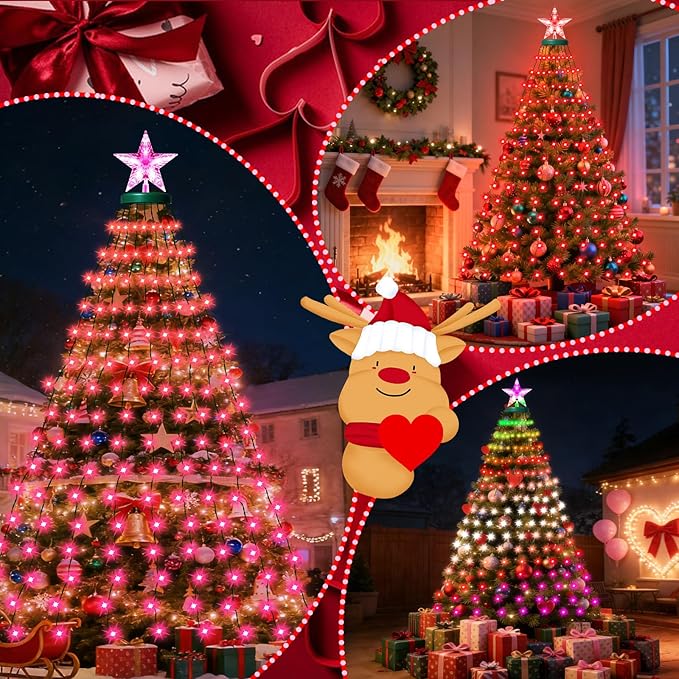 Smart Valentine's Day Lights with Star Topper, APP Control Music Sync Color Changing RGB Christmas String Lights, Cascading Twinkle Lights for Indoor Outdoor Xmas Tree Decorations