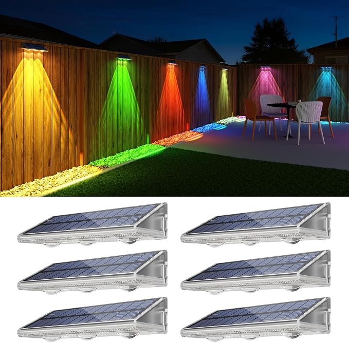 YiLaie Solar Fence Lights Outdoor with IP67 Waterproof, RGB Multi Color & Dusk to Dawn Auto ON/Off Solar Power Wall Mount Solar Lights for Outside Fence Wall Deck Gate (6 Pack)