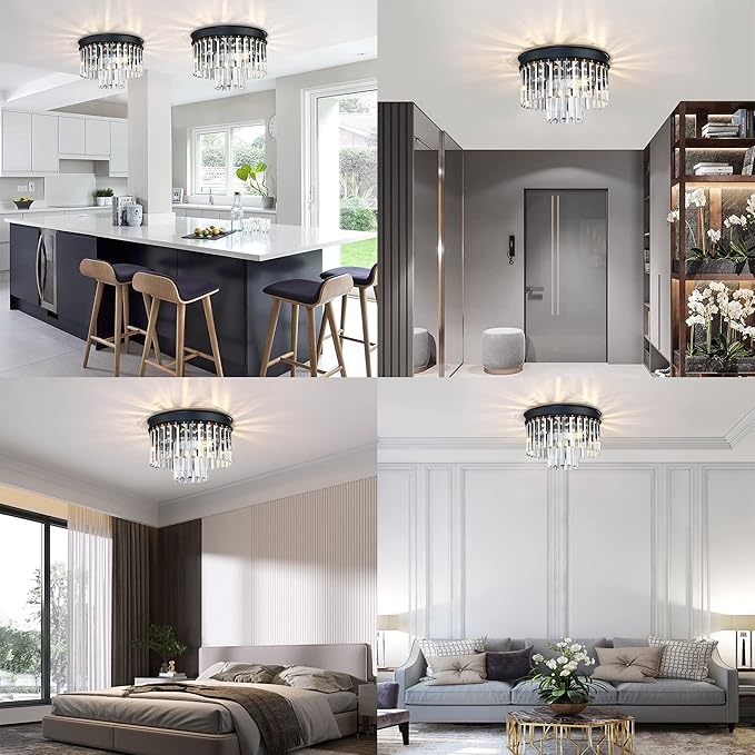 MEXO Crystal Flush Mount Ceiling Light Black Finish,2-Tier Crystal Close to Ceiling Light Fixture for Living Room Bedroom Dinning Room Hallway