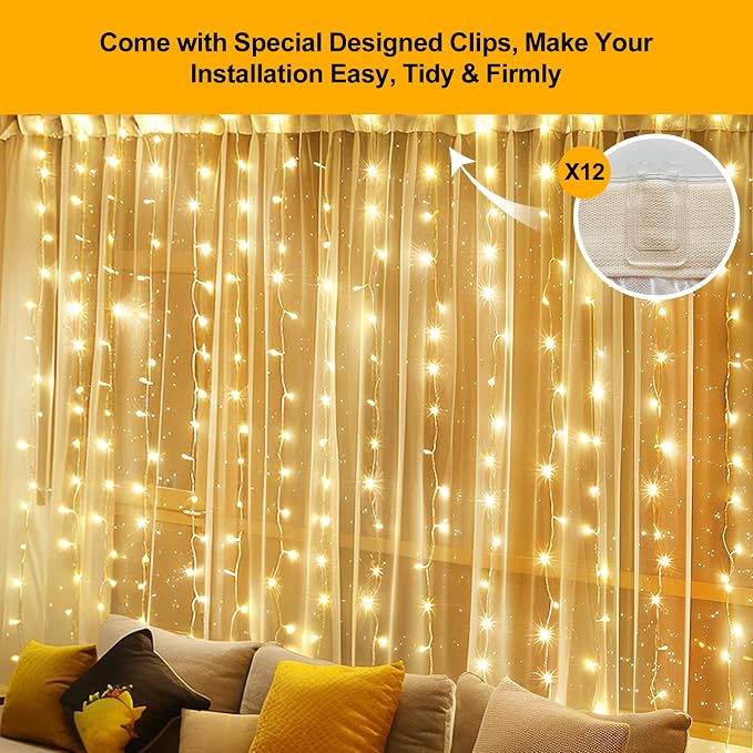 200 LED Fairy Curtain Lights, 6.6 x 6.6 FT Warm White USB Plug in 8 Modes Hanging Lights with Remote for Christmas, Bedroom, Indoor, Outdoor, Weddings, Party (Warm White)