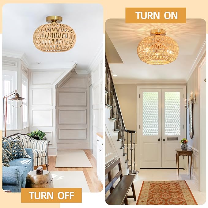 11.8" Rattan Light Fixture 3-Lights Boho Semi Flush Mount Ceiling Light Rattan Close to Ceiling Light Farmhouse Light Fixtures Ceiling with Handwoven Shade for Farmhouse Foyer