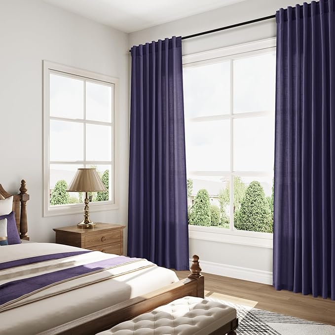 Purple Linen Curtains 72 Inch Long for Living Room Bedroom Lightweight Door Drapes 2 Panels Set, Semi Sheer Light Filtering Back Tab or Rod Pocket Curtain,52x72