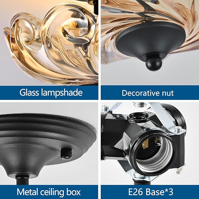HuixuTe Modern Semi Flush Mount Ceiling Light, 3-Light Black Close to Ceiling Light Fixture with Amber Glass Shade for Bedroom Living Room Entryway