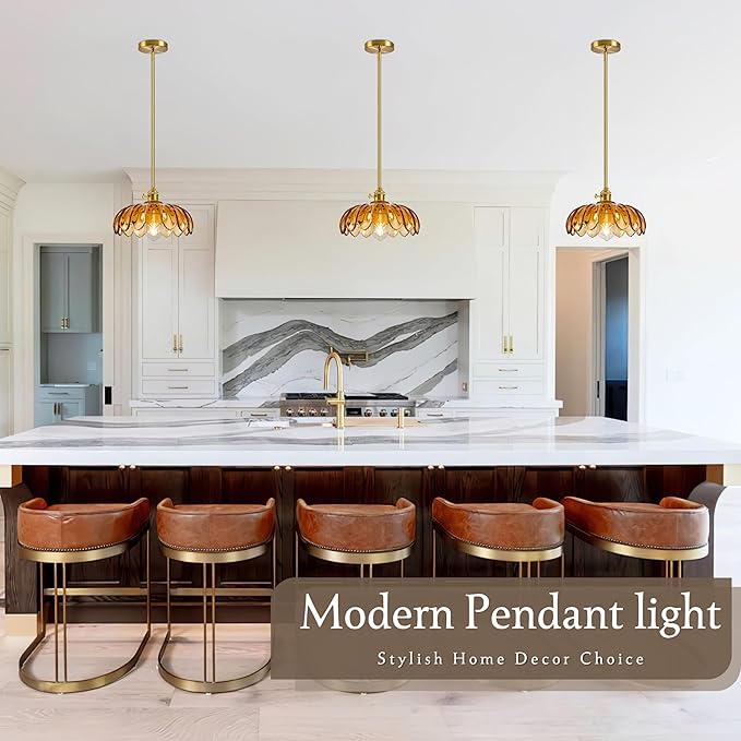 Mid Century Modern Pendant Light 2 Pack Hanging Adjustable Pendant Lights with Brushed Gold Fixture Amber Flower Glass Vintage Chandelier for Kitchen Island Bedroom Dining Room(Bulb Incl.)
