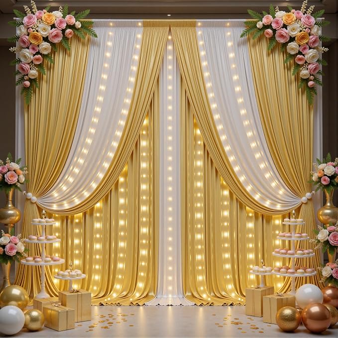 Outpain 10x10ft Gold Sequin Backdrop Curtains with Light -Lighted Up Gold Photo Backdrops with Non-Shedding Glitter, Wrinkle-Free Drapes for Wedding/Christmas/Studio (5x10ft 2 Panels)