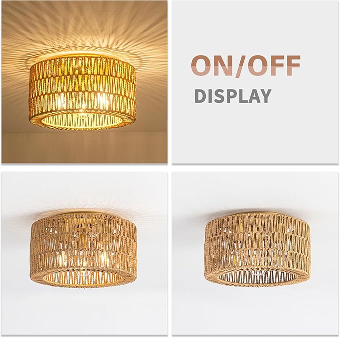 Rattan Ceiling Light Fixture, 3 Light Bohemian Modern Woven Ceiling Light, Boho Flush Mount Ceiling Light for Bedroom Living Room Dining Room, Bulb NOT Included