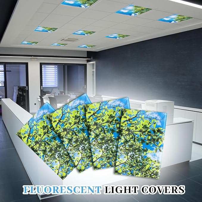 VIHOSE 4 Pcs 2 x 2 Feet Fluorescent Light Covers for Ceiling Lights Classroom Magnetic Light Filters for Reducing Harsh Glare Flicker for Office Classroom Home Drop Ceiling(Sky Leaves)