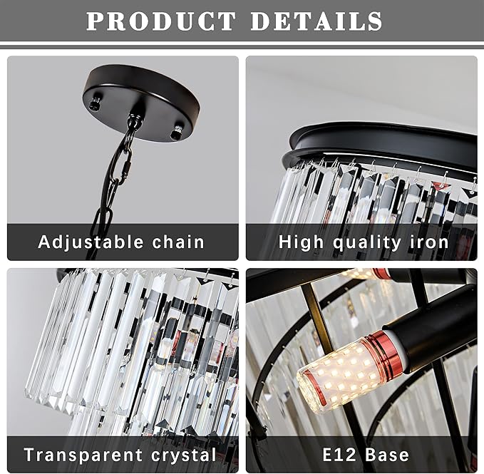Crystal Chandelier 15.8" Modern K9 Crystal Hanging Pendant Lights 6-Lights Black 3-Tier Luxury Crystal Dining Room Light Fixture for Living Room Bedroom Kitchen Island Entryway Foyer Stair