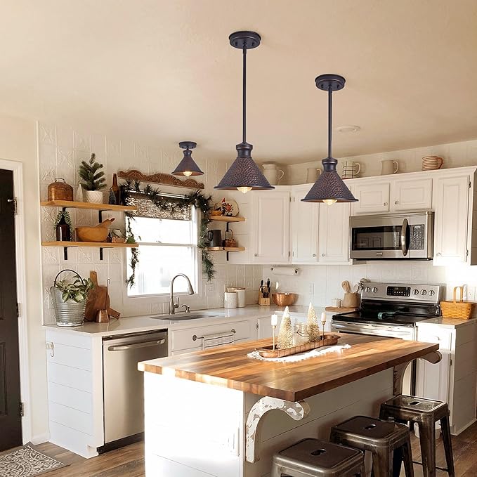 Tarentlight Max 58”Ht Adjustable Tube Mini Pendant,Vintage Hammered Pattern Cast Aluminum Shade,1-E26 Classic Lamp,Oil Rubbed Bronze Farmhouse Hanging Light for Kitchen Island,Entryway,Dining Room.