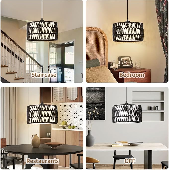 Plug in Pendant Light, Rattan Hanging Lights with Plug in Cord, Woven & Fabric 2 in 1 LampShade, Hanging Lamp Plug in for Bedroom Living Room Kitchen Island-Black (Bulb Included)