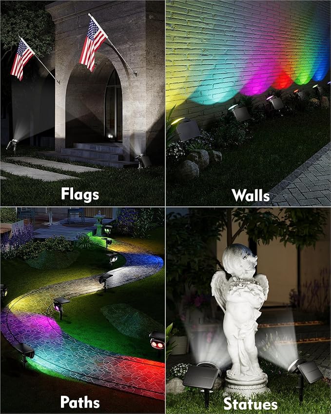 Solar Spot Lights Outdoor Waterproof IP68, RGB Colors Changing Solar Lights with 4 Lighting Modes, Solar Powered Lights Outdoor for Garden Yard Pathway Landscape (4Pack)