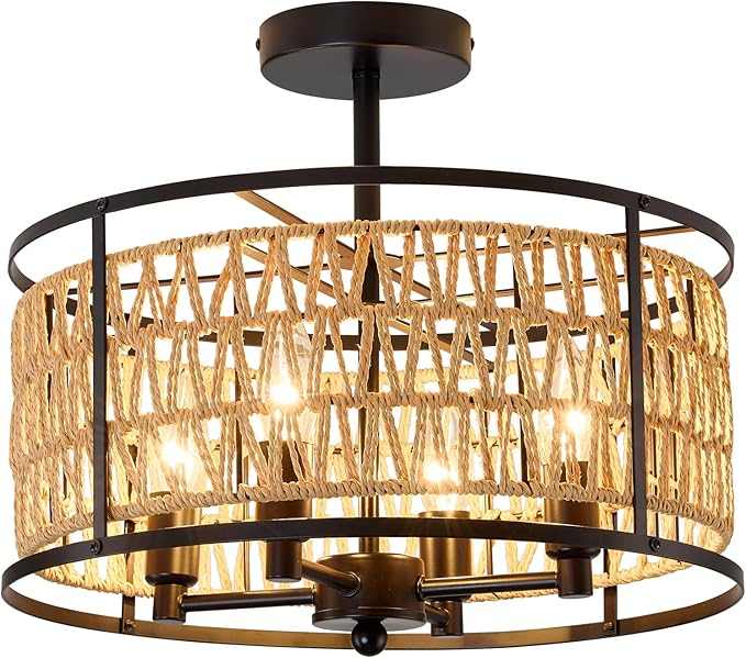 4 Light Rattan Ceiling Light Fixture 15inch Boho Semi Flush Mount Ceiling Light Black Hand-Woven Cage Wicker Chandelier for Dinning Room Living Room Bedroom Farmhouse Hallway Kitchen