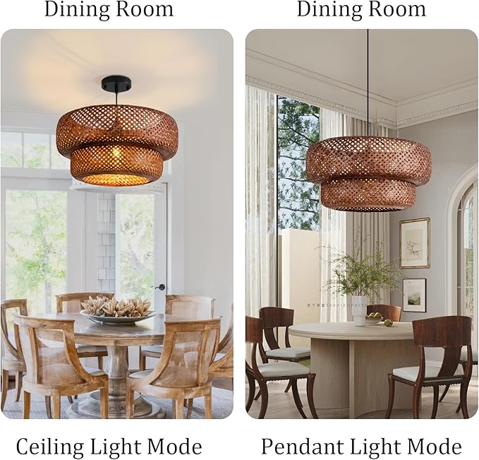 Bamboo Pendant Light,Dark Curry Boho Rattan Hanging Light,17.7" Hand Woven Wicker Chandelier for Kitchen Island for Kitchen Island Dining Bedroom Living Room Restaurants