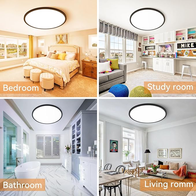 slochi 1PACK LED Flush Mount Ceiling Light Fixture, 3000K-4500K-6000K & 150W Equivalent Modern Kitchen Ceiling Lamp 36W 3600Lm 16 Inch Closet Round Surface for Bathroom Laundry Bedroom Hallway, Black