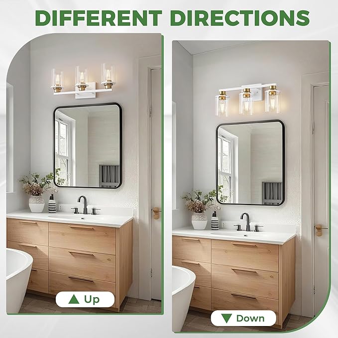 DORESshop 17 Inch Bathroom Light Fixtures, 3-Light White and Gold Bathroom Lighting Fixtures Over Mirror with Clear Glass Shade, Vanity Lights for Living Room Bedroom