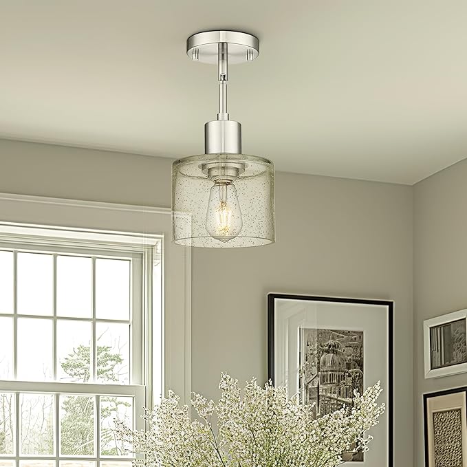 LMS Industrial Semi Flush Mount Ceiling Light, Brushed Nickel 1-Light Close to Ceiling Light with Seeded Glass Shade, Modern Ceiling Lmap for Hallway Corridor Kitchen, LMS-101BN