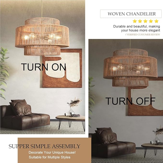 Large Rattan Chandelier 23.62" Boho Chandelier for Dining Room 3-Tier Hand Woven Boho Light Fixture 6 Light Modern Farmhouse Chandelier Kitchen Island Lighting