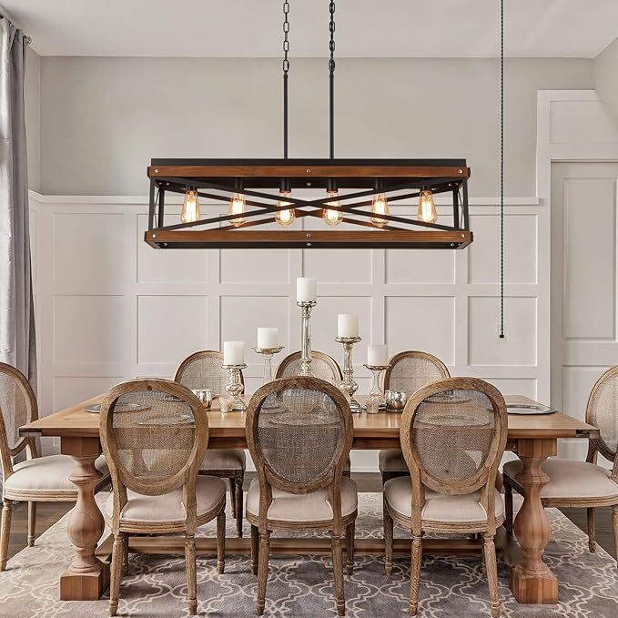 Rustic Farmhouse Plug in Kitchen Island Lighting, 6 Lights Rectangular Pendant Light Fixture with Adjustable Chain, Dimmable Switch, Oak Wood and Metal Linear Chandelier for Dining Room Home, Black