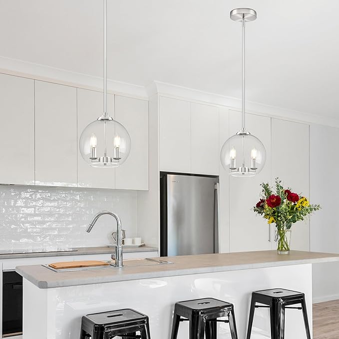 10" Globe Pendant Lights Kitchen Island 2 Pack Glass Globe Pendant Light Fixture Bedroom Mid Century Modern Pendant Lighting Nickel Pendant Light for Kitchen Island (Bulb Incl.)