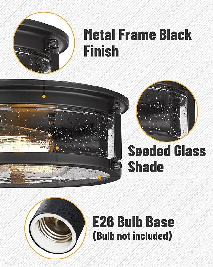Black Flush Mount Ceiling Light, 2-Light Metal Cage Ceiling Light Fixture, Industrial Farmhouse Flush Mount Light with Seeded Glass Shade for Kitchen, Hallway, Bedroom (12 Inch)