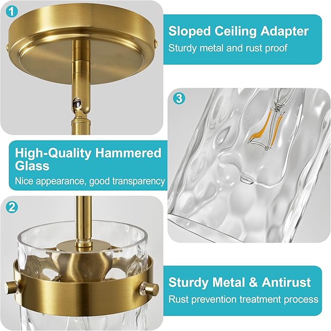 Hammered Glass Pendant Lighting for Kitchen Island 2 Pack, Modern Brushed Gold Pendant Light Fixtures 4.72", Adjustable Ceiling Pendant Light for Kitchen Island Dining Room Hallway