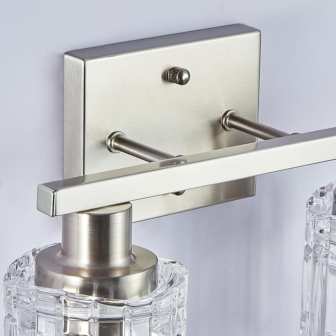 2 Light Brushed Nickel Bathroom Vanity Light Over Mirror, Modern Vanity Lighting with Crystal Glass Shade, Wall Mount Bathroom Light Fixtures, E26 Base