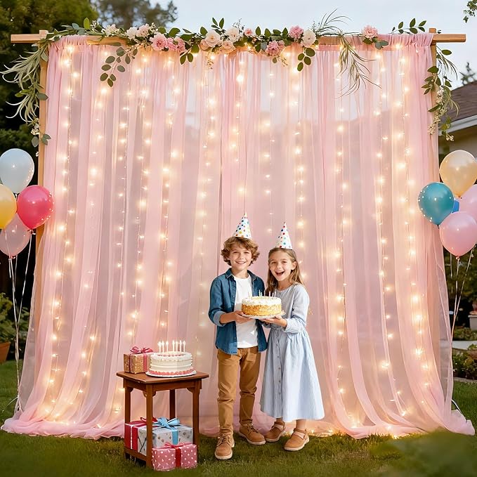 Ledido 3 Pack 10×10ft Pink Tulle Backdrop Curtains with Lights String - 900LED Fairy Lights Sheer Curtain Backdrop for Wedding Baby Shower Photo Shoot Birthday Party Decoration(6 Panels 5×10ft),Pink