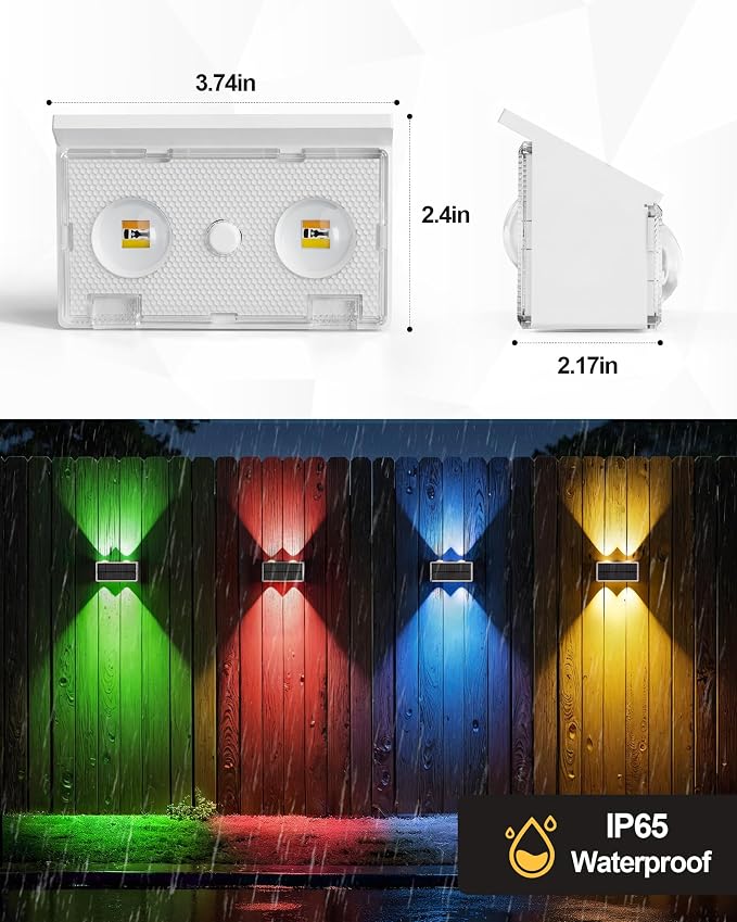 Bridika Solar Fence Lights Outdoor, 12 Pack Up and Down Wall Light, 8 Colors Lens LED Dusk to Dawn Solar Lights Outdoor Waterproof for Patio, Deck, Backyard, Garden White