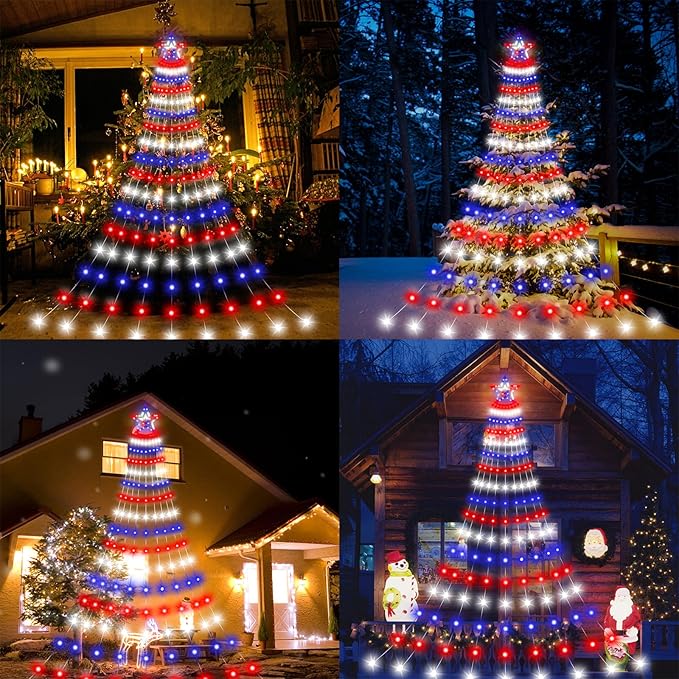 Smart 4th of July Decorations Lights, 18ft 521LED Large DIY Red White Blue Waterfall Tree Lights with Remote Timer Color Changing Light Music Sync APP Control for Garden Yard Patriotic Decor