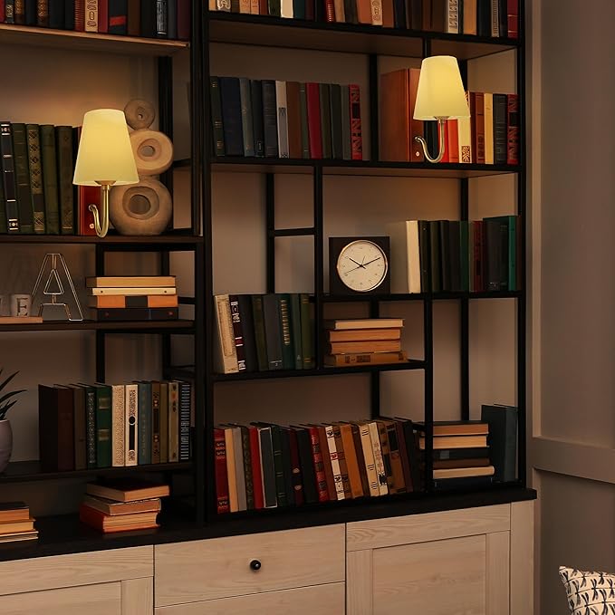 AELS Wooden Bookshelf Lamp with Bulb, Table Lamp with Linen Shade, 3-Color Dimmable Touch Control, Modern Decorative Bookend, Book Sconce for Office Home Bedroom Bookshelf, Dark Brown