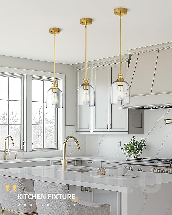 Autelo Gold Pendant Lights, 1-Light Pendant Lights Kitchen Island in Brushed Gold Finish with Clear Cylinder Glass, Vintage Pendant Light Fixtures, Vintage Hanging Lights for Kitchen Island H2511 CLBG