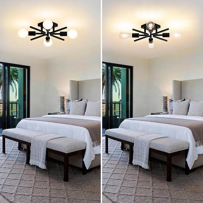 4-Light Sputnik Light Fixture Black Flush Mount Lights Industrial Semi Flush Lighting Fixtures Ceiling 19 inch Modern Farmhouse Ceiling Lights for Kitchen Bedroom Bathroom Foyer Hallway (E26)