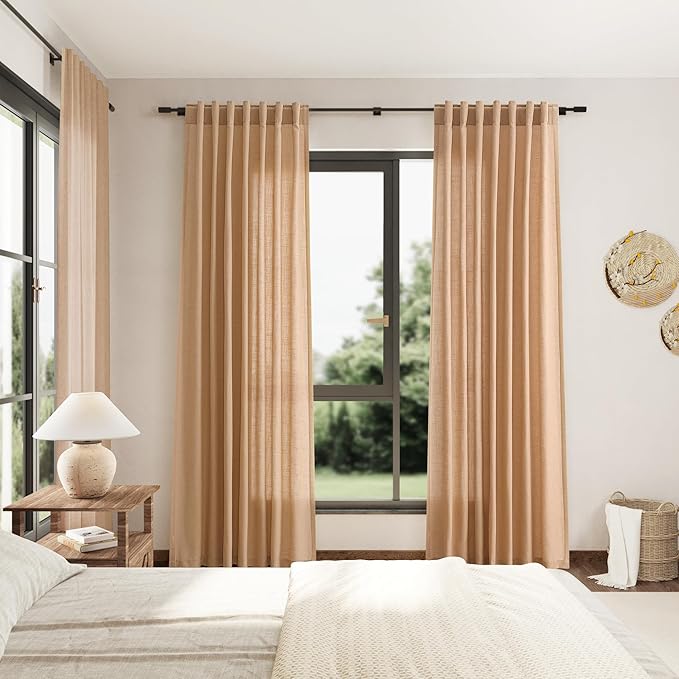 Camel Linen Curtains 120 Inch Extra Long for Living Room Back Tab Semi Sheer Light Filtering Drapes Modern Farmhouse Boho Decor Cotton Textured Curtain for Floor to Ceiling High Window 52x120