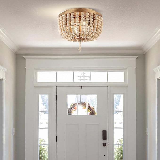 JONATHAN Y 10" Antique Gold/Cream Allison 2-Light LED Flush Mount Ceiling Light for Bedroom, Wood Beaded Shade Shabby Chic Farmhouse Rustic Decor, LED Bulbs Included JYL9074A