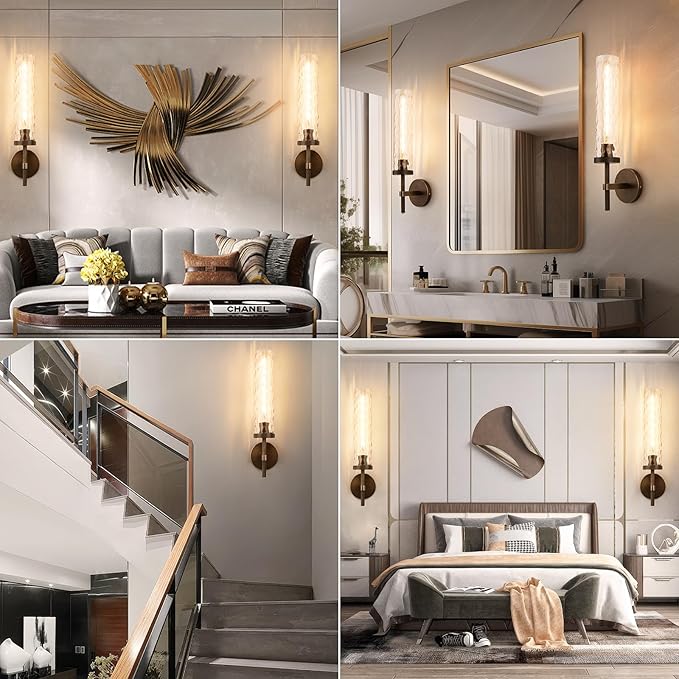 19.5" Knurled Brass Wall Sconces Set of 2, Bronze Bathroom Vanity Light Fixtures with Water Ripples Glass Tube, Modern Lamp Lighting for Bedroom, Living Room, Hallway, Staircase, Mirror, Kitchen