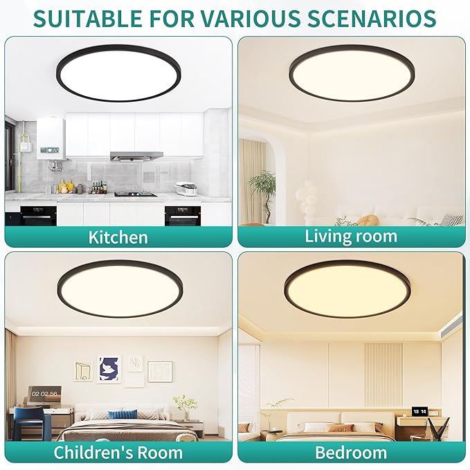 20 Inch LED Flush Mount Ceiling Light,48W Ultra-Thin Modern Round Light Fixture with Remote,Dimmable 3000K-6000K,Black,4800LM,Memory & Night Light Mode for Bedroom, Kitchen,Living Room