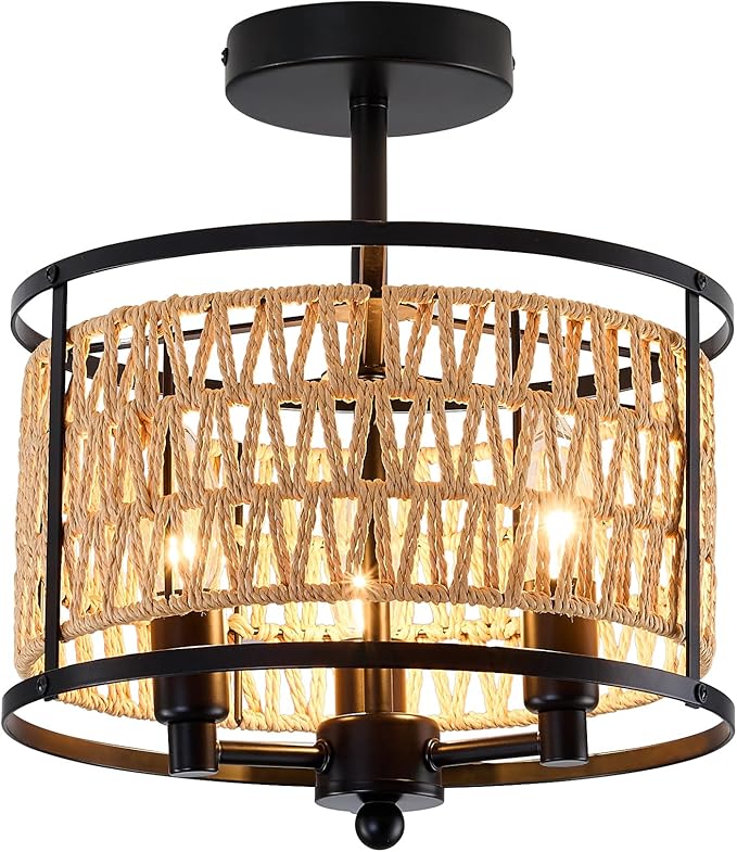 3 Light Rattan Ceiling Light Fixture 11inch Boho Semi Flush Mount Ceiling Light Black Hand-Woven Cage Wicker Chandelier for Farmhouse Bedroom Hallway Entryway Kitchen