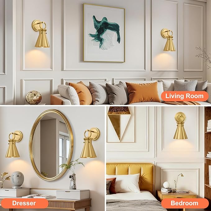 Gold Wall Sconce for Bathroom, Modern Vanity Light Fixtures, Wall Mount Lighting Farmhouse Wall Lights with 6 Inch Metal Lampshade for Bedroom Living Room Mirror Kitchen (Gold Metal, 1 Pack)