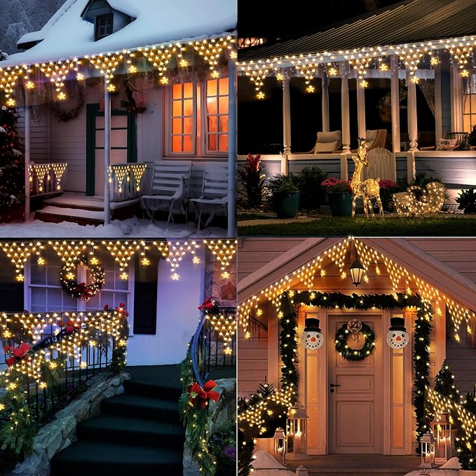 Ramadan Lights Outdoor Decorations 218 LED 13.8ft Star Curtain Fairy Lights with 12 Drops, Clear Wire LED String Light Decor with 8 Modes for Wedding Party Holiday Christmas Home Indoor Outdoor Decor