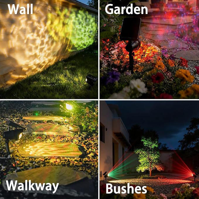 Solar Spot Lights Outdoor 2 Pack, RGB Color Changing & Warm White, 2-in-1 Stake & Strap Mounted Solar Lights, IP65 Waterproof, Auto On/Off Landscape Lighting for Garden, Yard, Tree, Wall