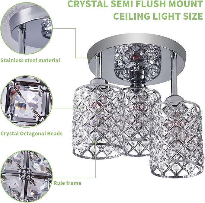 HOPGGIE Crystal Semi Flush Mount Ceiling Light with 3-Light, Kitchen Crystal Chandelier with Lampshades,Modern Corridor Lighting for Bedrooms Dining Room Living Room and Bathrooms (Modern Chrome)