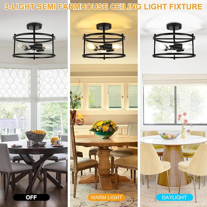 Semi Flush Mount Ceiling Light 12.59'' Farmhouse Black Ceiling Light Fixtures Industrial Kitchen Light Fixtures 3-Light Metal Cage Ceiling Lights for Bedroom, Living Room, Hallway, Foyer