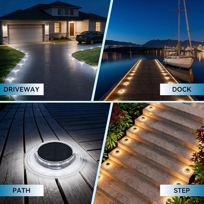 T-SUN Solar Dock Lights Driveway Deck Lights, 3 Color Modes Solar Powered Outdoor Waterproof LED Driveway Marker Lights for Step, Pathway, Sidewalk, Garden, Stair, Yard(6 Packs)