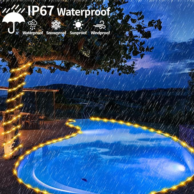 LairtPOW Solar Rope Lights with Remote for Tree Decor,72FT 200LEDs Outdoor Solar Strip Lights for Patio,IP67 Waterproof, USB Charging, Timing & 8 Modes Outdoor Fairy Light for Garden(Warm White)